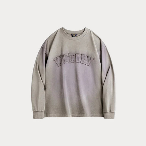 Vintage Gradient Letter Patch Hoodie – Washed Loose Fit Round Neck Casual Top